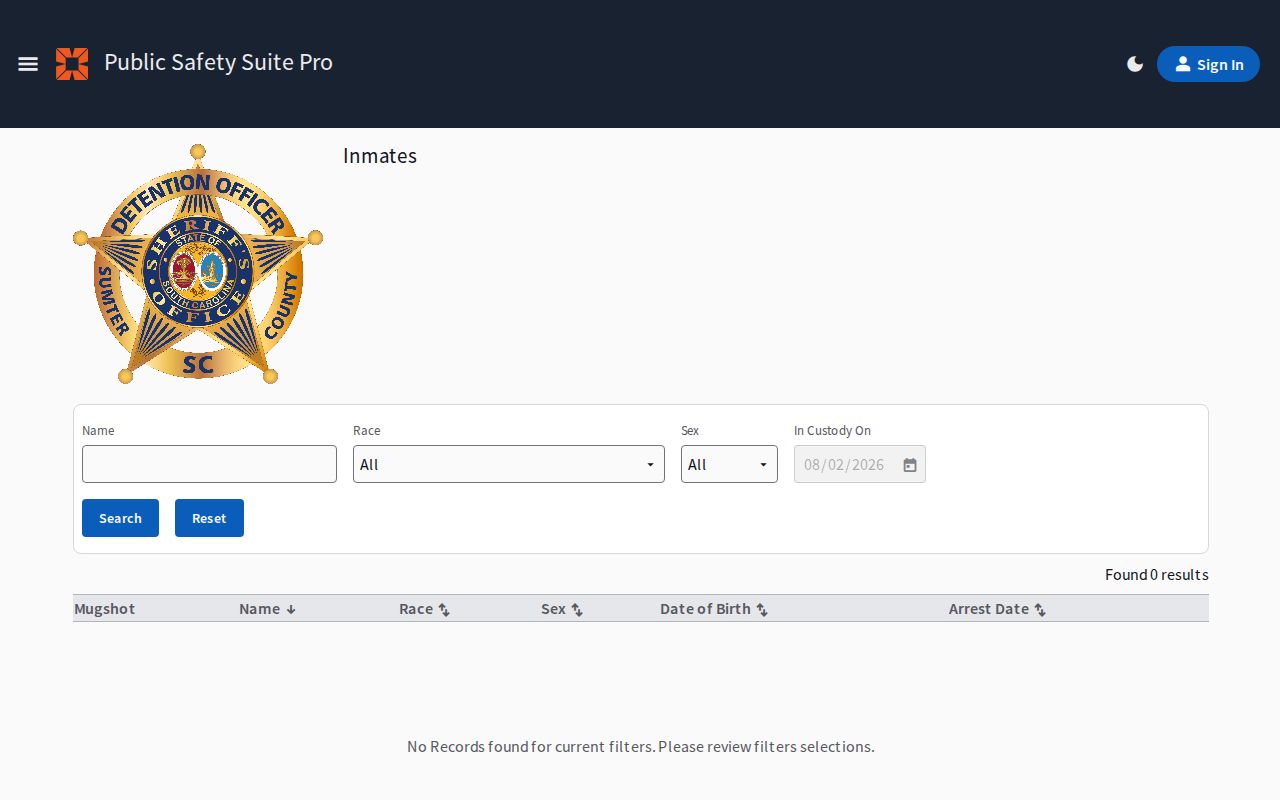 Sumter County current inmate portal and mugshot fields