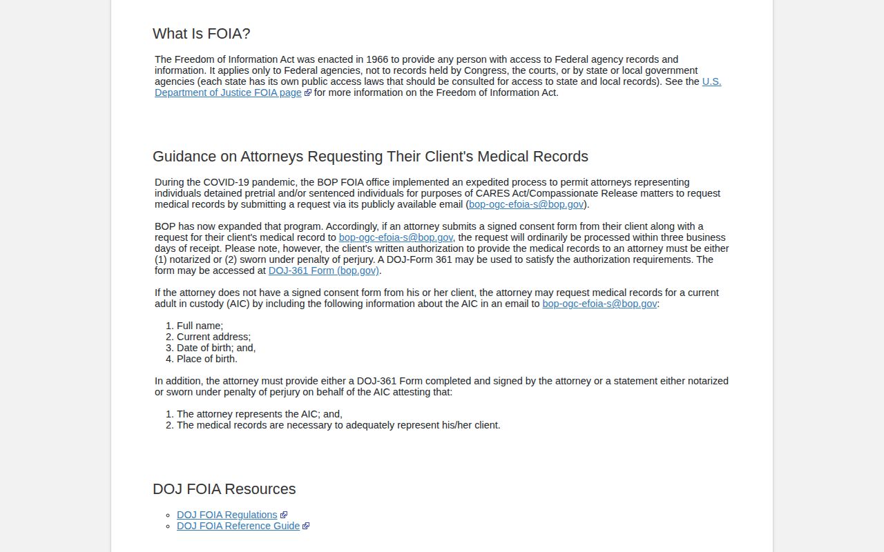 Federal Bureau of Prisons release record request route for Sumter inquiries