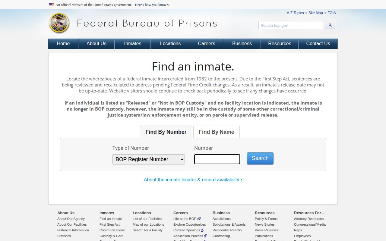 Federal Bureau of Prisons inmate locator and release status search