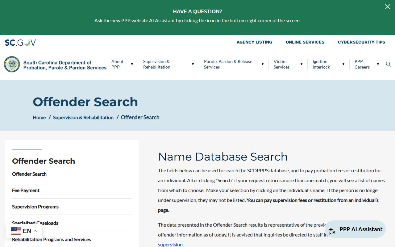 Sumter County post-release supervision lookup from DPPPS