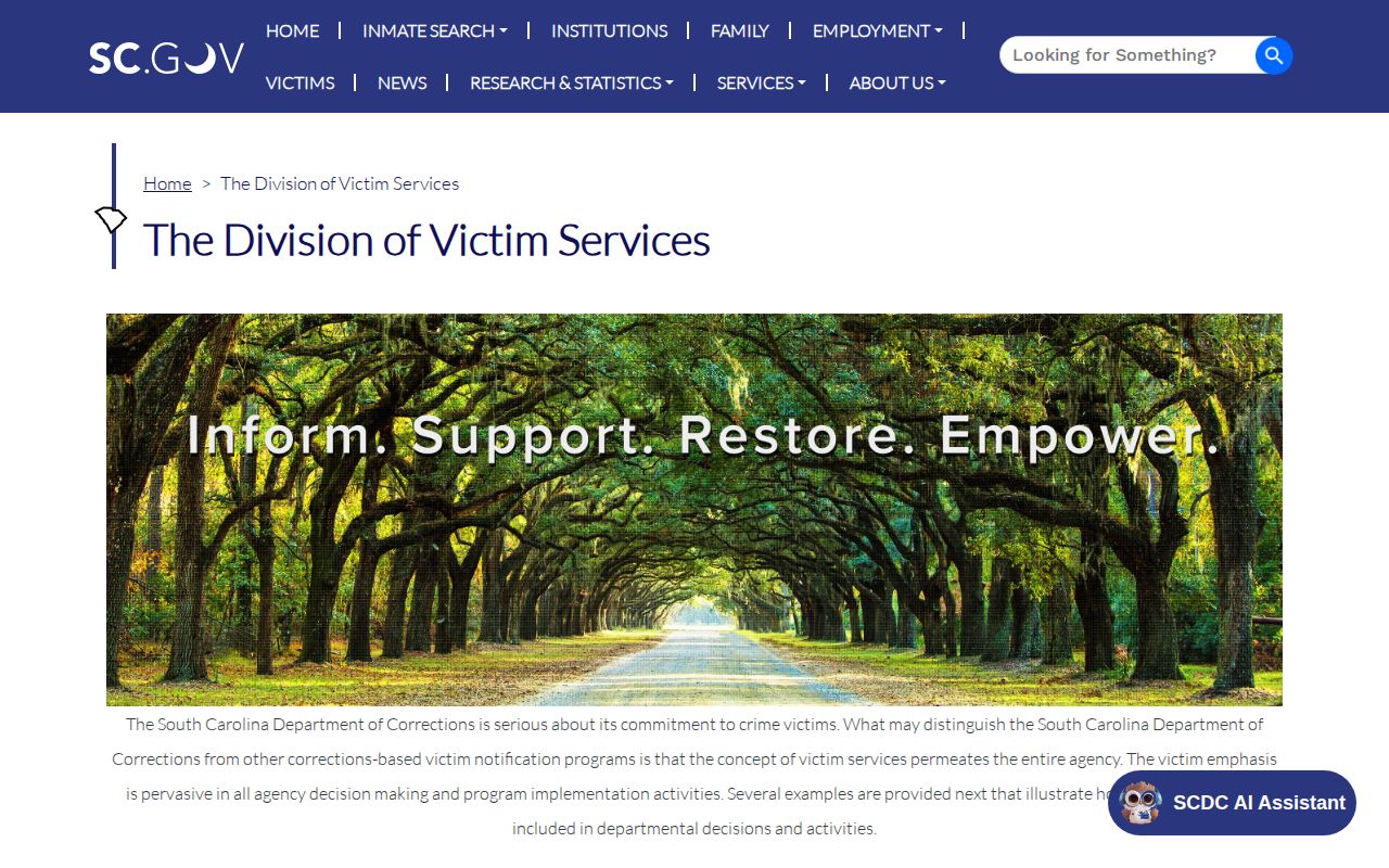 South Carolina Department of Corrections victim status and VINE inquiry contacts